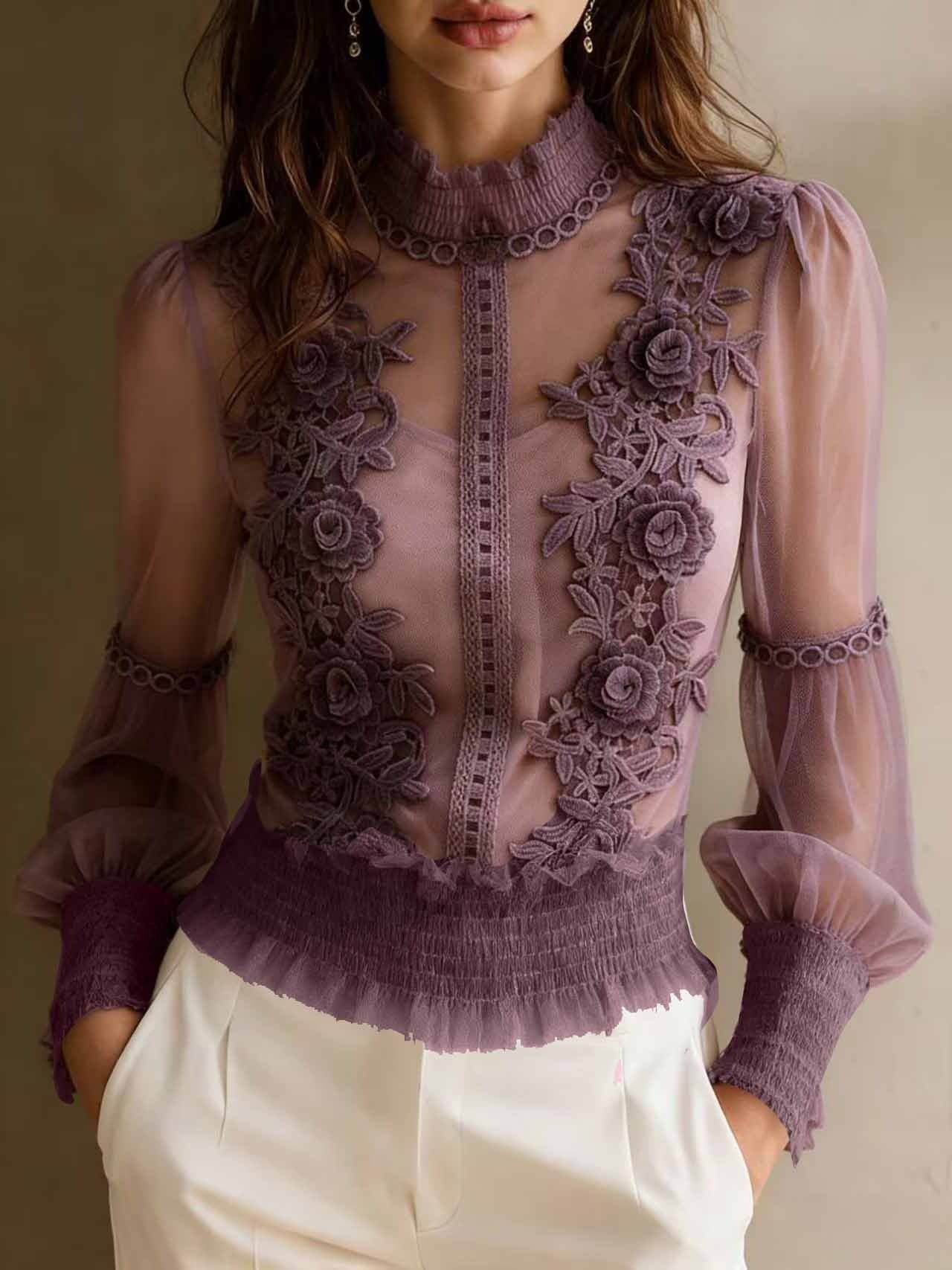 Lace High-Neck Sheer Blouse