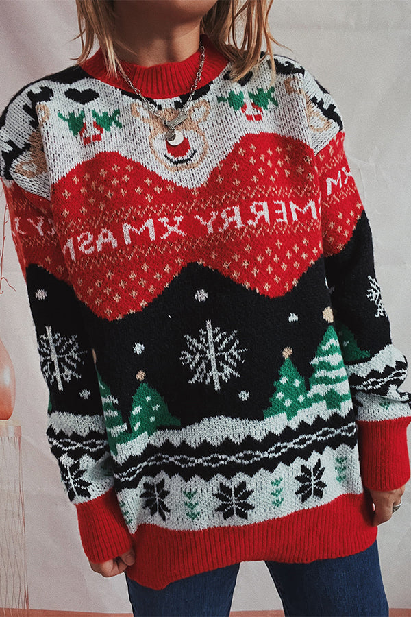 Christmas Pattern Knitted Crew Neck Long Sleeved Sweater