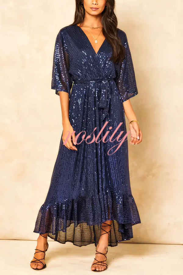 Solid Color Sequined V-neck Waist Tie Loose Maxi Dress