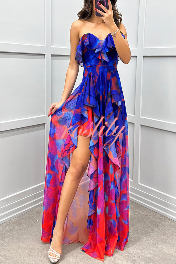 Loving Moment Gradient Unique Print Flowing Layered Ruffles Strapless Slit Maxi Dress