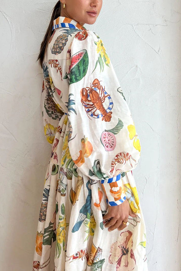 Hopeful Moments Tropical Fruit Print Balloon Sleeve Patchwork Shirt Midi Dress