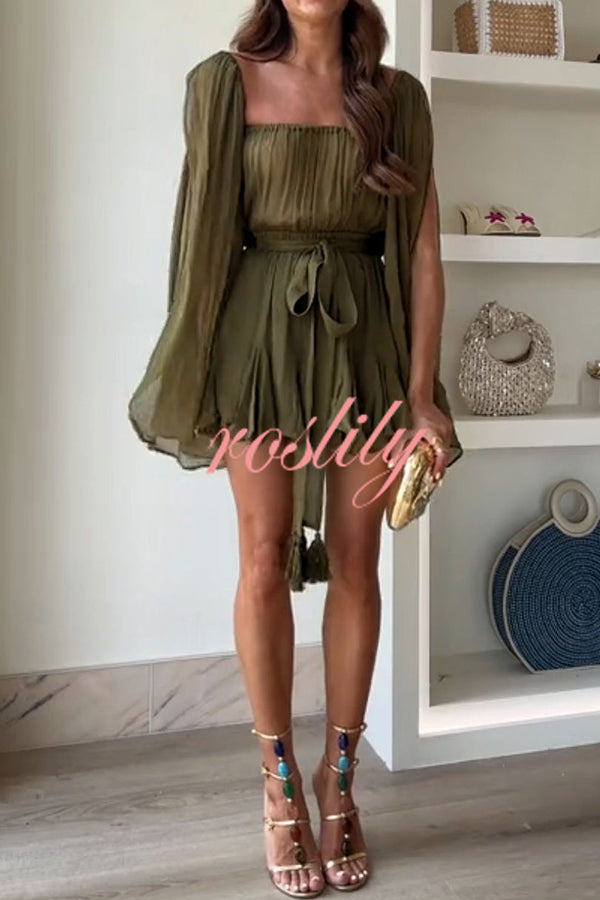 Vacay in Paradise Chiffon Slit Sleeve Elastic Waist Belt Flowing Mini Dress