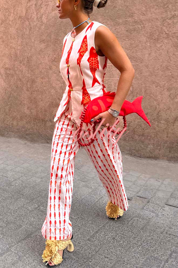Good Luck Linen Blend Koi Pattern High Rise Elastic Waist Loose Pants