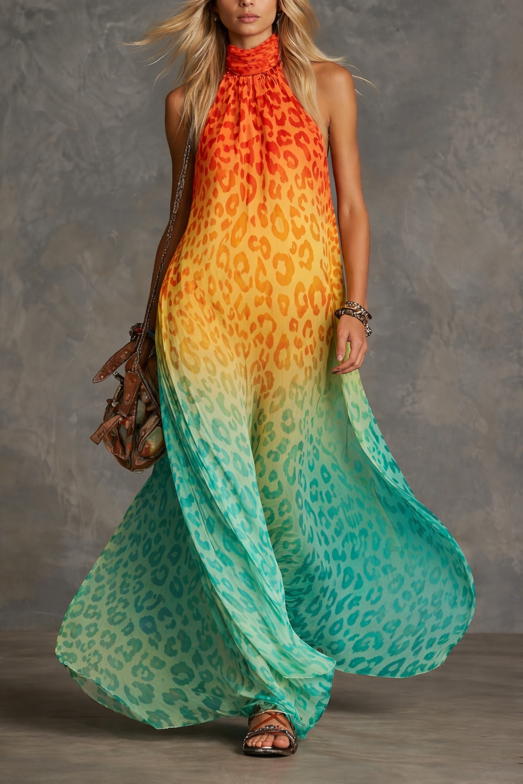 Gradient Leopard Print Chiffon High-neck Sleeveless Maxi Dress