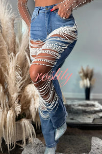 Stylish Multi-layered Pearl Chain Ripped Pocket Straight Jeans