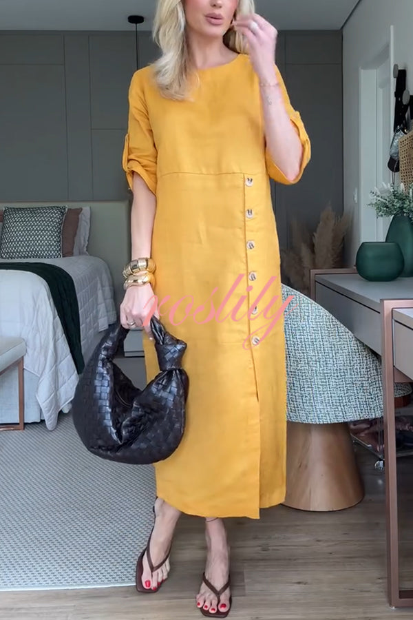 Ultra-comfortable Linen Blend Half Sleeve Front Button Detail Relaxed Pocket Midi Dress