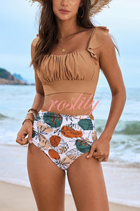 Botanical Print Ruffled Two-piece Stretch Bikini Swimsuit