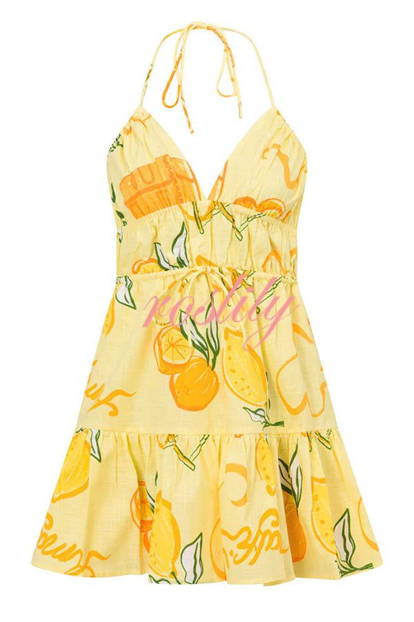 Summer Citrus Print Halter Neck Backless Tie-Waist Elastic Mini Dress