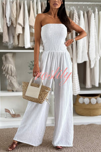 Linen Blend Solid Color Off-the-shoulder Pleated Casual Pocket Wide-leg Jumpsuit