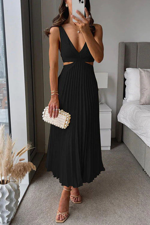 Summer Social Stain Pleated Cutout Waist Loose Midi Dress