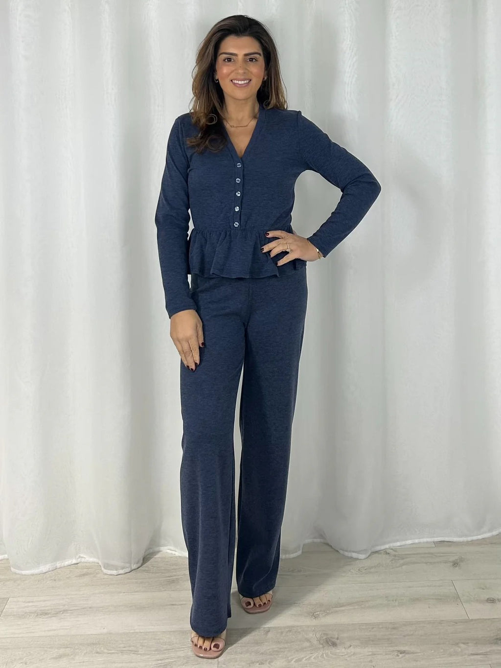 Long Sleeve Peplum V-Neck Top & Straight Leg Trouser Co-Ord