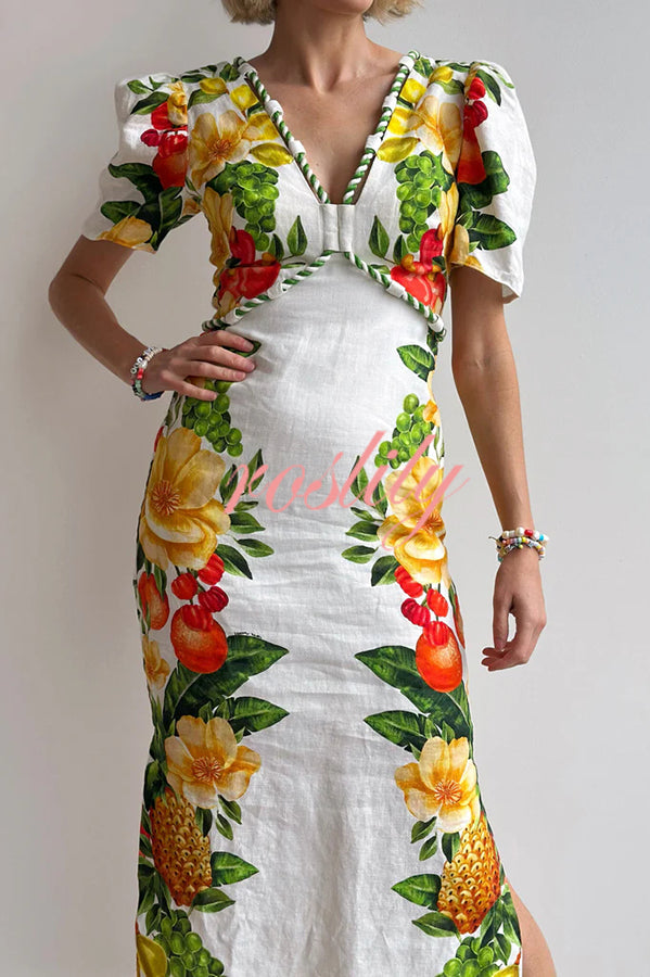 Picnic Flowers Linen Blend Floral Print Puff Sleeve Braided Rope Trim Maxi Dress