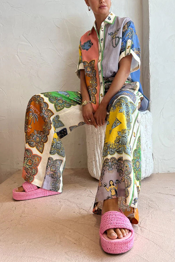 Sunny Delights Linen Blend Mermaid Print Elastic Waist Pocketed Wide Leg Pants