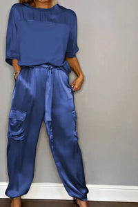 Calissa Smooth Satin Half-sleeved Top and Elastic Waist Pocket Pants Set