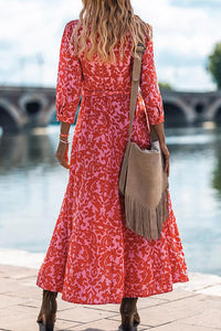 Lapel Slit Floral Print Lace Up Button Maxi Dress