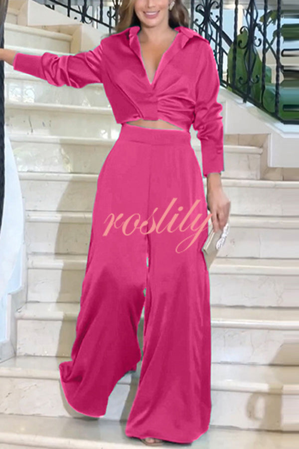 Satin Solid Color Lapel Long Sleeve Blouse and Loose-fitting Pocket Wide Leg Pants Set