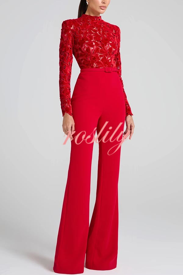 Eleanor Embroidered Floral Lace Long Sleeve Patchwork Belt Flare Jumpsuit