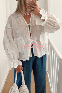 Floral Embroidered V-neck Lace-up Long-sleeved Loose Top