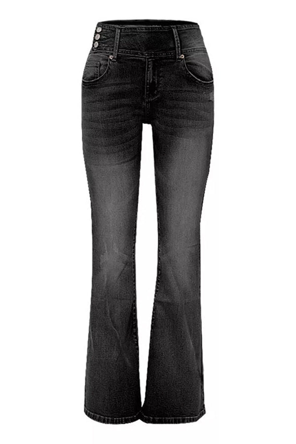 Vintage Side Button Pocket Mid-rise Flared Jeans