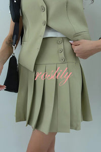 Solid Color Sleeveless Buttoned Vest and High-waisted Pleated Mini Skirt Set