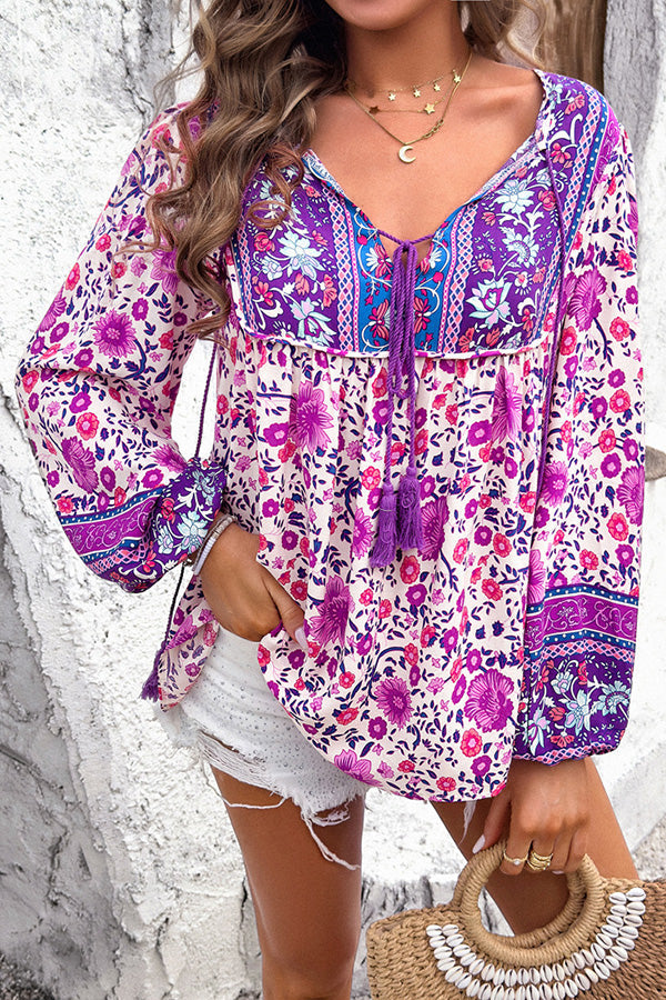 Intricate Floral Print V Neck Lace Up Paneled Long Sleeve Shirt