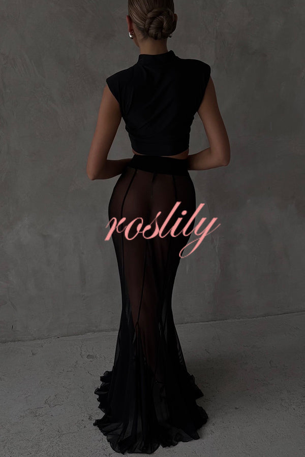 Shes Timeless Mesh High Rise Elastic Waist Fishtail Maxi Skirt