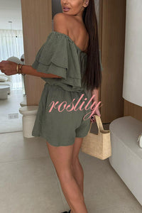 Solid Color Off-shoulder Ruffled Casual Waist Rompers