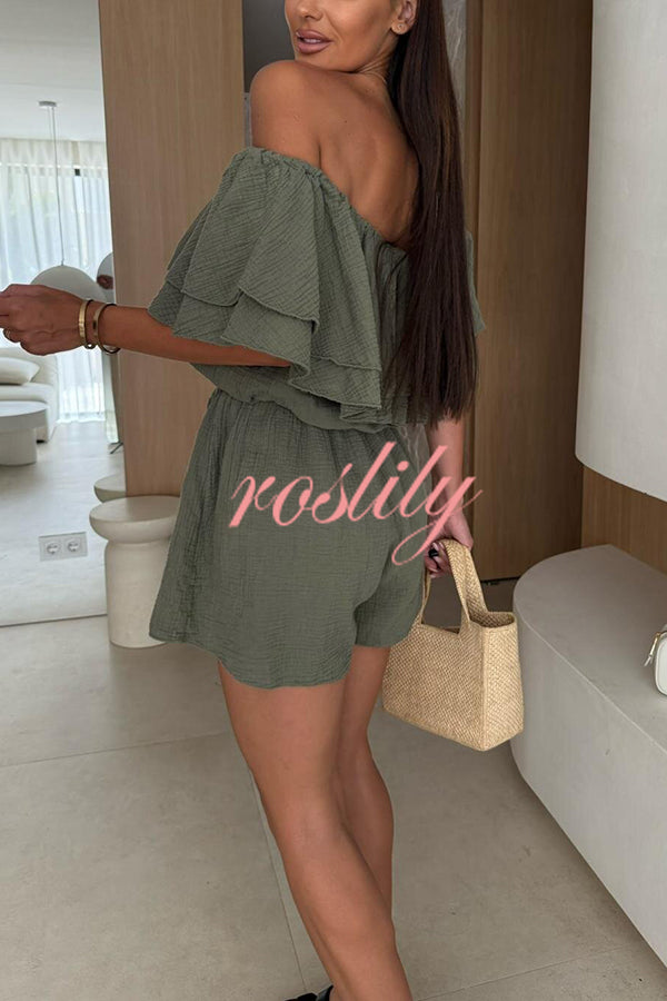 Solid Color Off-shoulder Ruffled Casual Waist Rompers