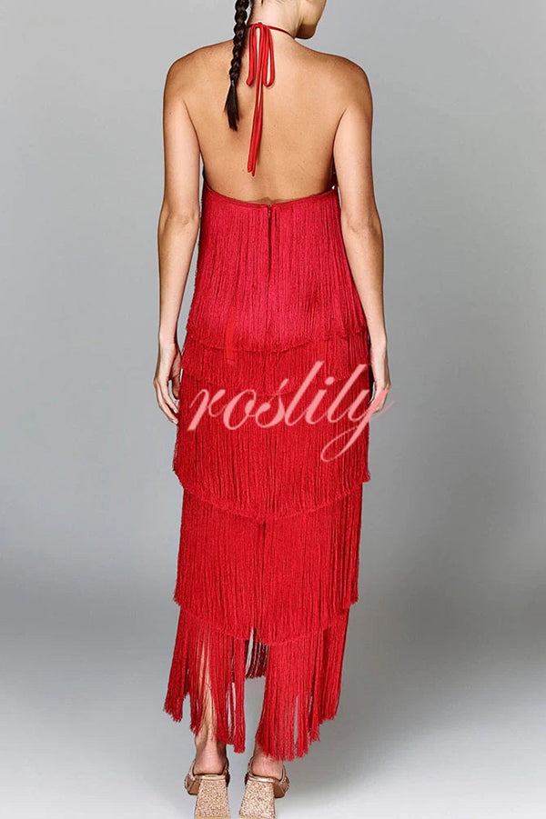 Sexy Halterneck Backless Elegant Fringe Maxi Dress