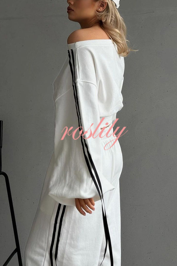 Contrast Color Webbing Casual Sweatshirt and Elastic Waist Tie Loose Pants Set