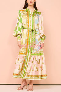 Garden Party Satin Unique Print Balloon Sleeve Belted Shirt Maxi Dress