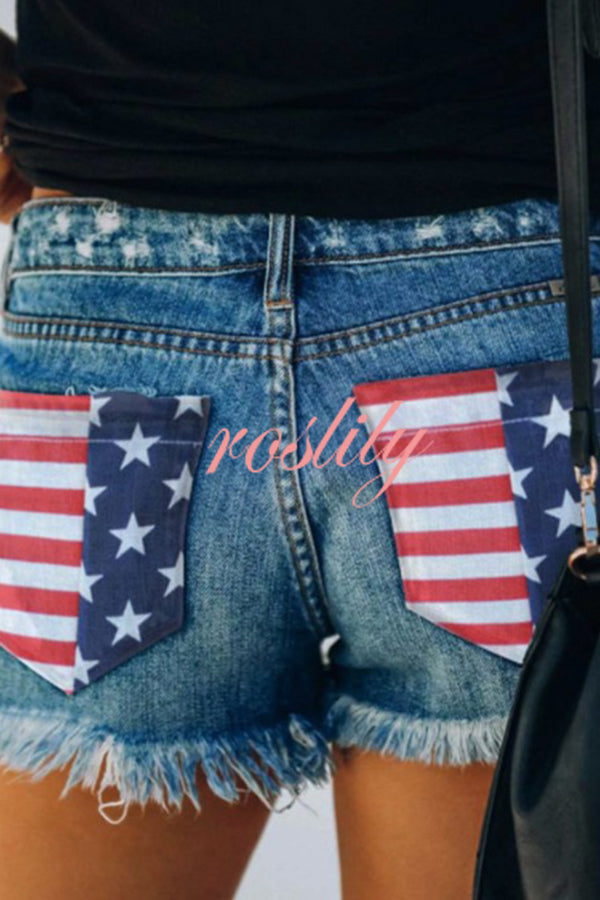 Independence Day American Flag Print Bottom Tassel Denim Pocket Shorts