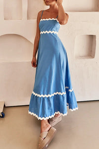 Bayside Beauty Wave Trim Patchwork Back Smocked Suspender Maxi Dress