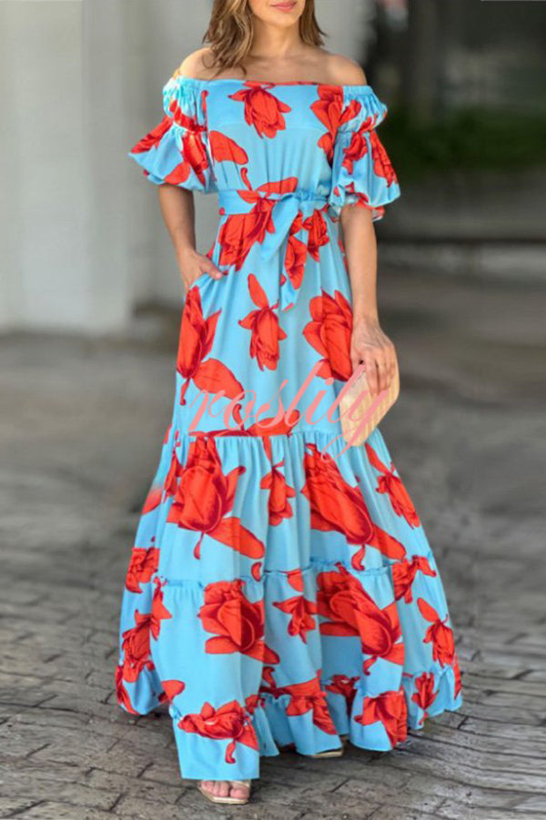 Floral Print Waist Belted Slim Fit Off The Shoulder Maxi Dress