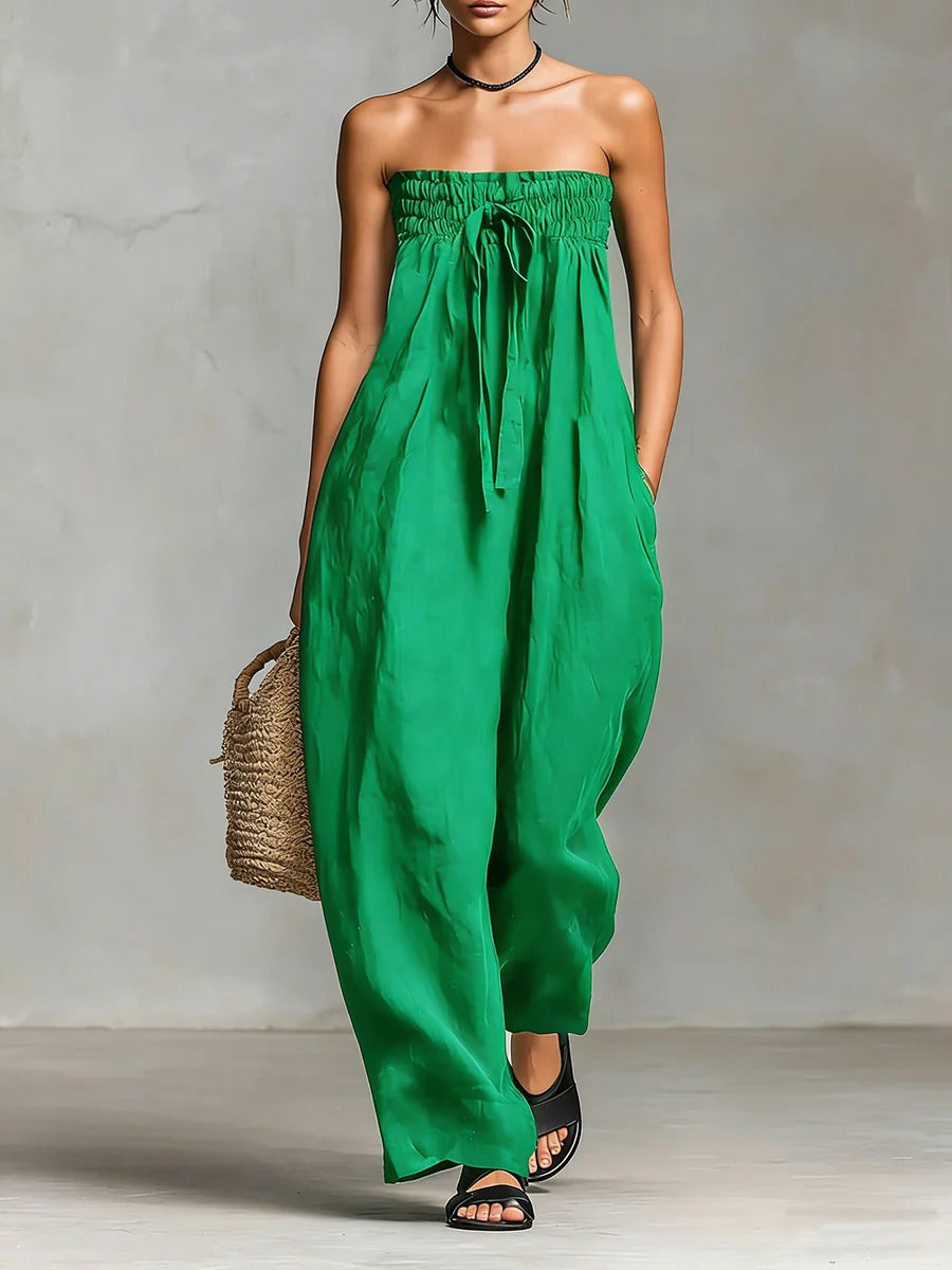 Strapless Smocked Linen Wide-Leg Jumpsuit