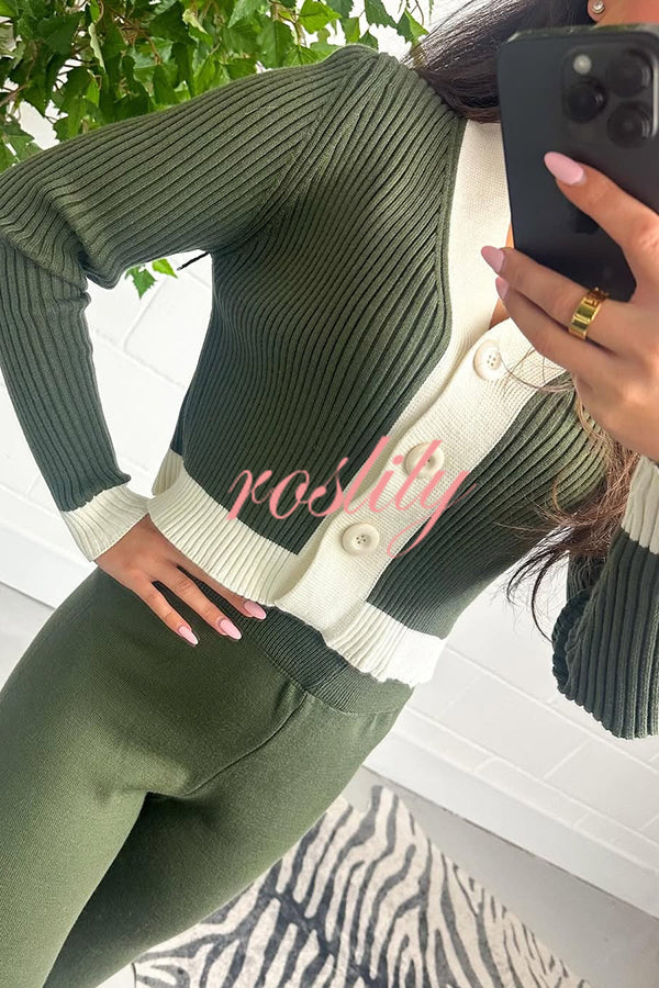 Fashionable Knit Colorblock Long Sleeve Cardigan and Elastic Waist Loose Stretch Pants Set