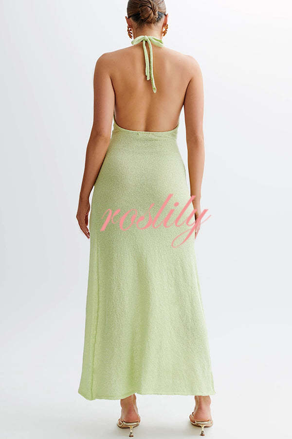 Linnie Knit Flower Pendant Halter Backless Slit Stretch Maxi Dress