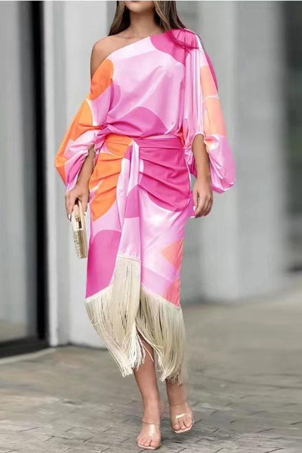 Unique Printed Balloon Sleeve Loose Top and Fringed Hem Skirt Set