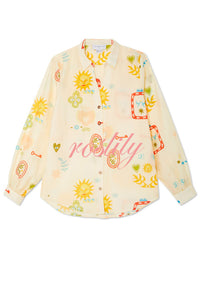 Funny Vacation Unique Printed Long Sleeve Shirt and Elastic Waist Pocket Loose Shorts Set