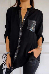 Solid Color Casual Loose Sequin Pocket Shirt Top