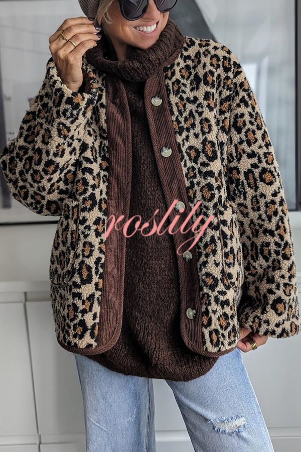 Warm Feel Colorblock Leopard Print Plush Button Up Pocketed Teddy Jacket