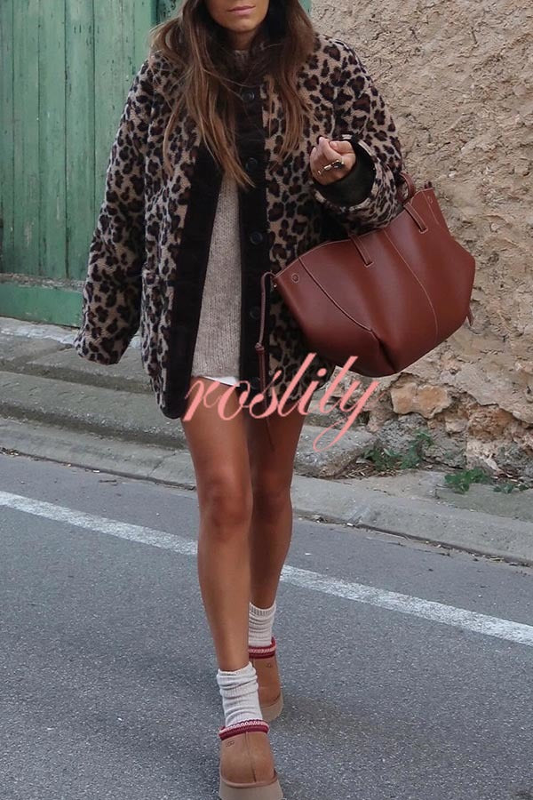 Warm Feel Colorblock Leopard Print Plush Button Up Pocketed Teddy Jacket