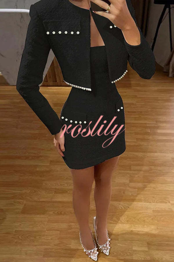 Stylish Sleeveless Tweed Sexy Slim Fit Pearl Embellished Mini Dress