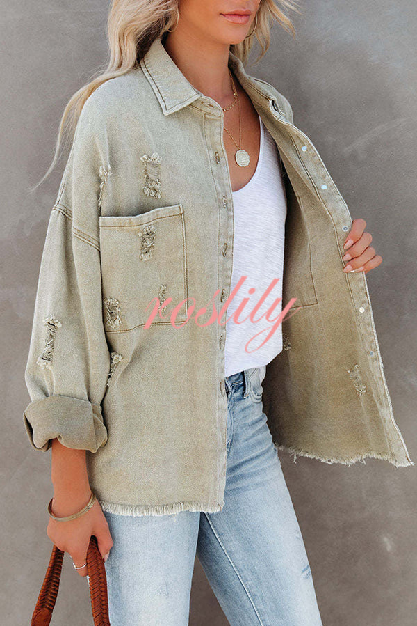 Stylish Lapel Long Sleeve Ripped Denim Jacket