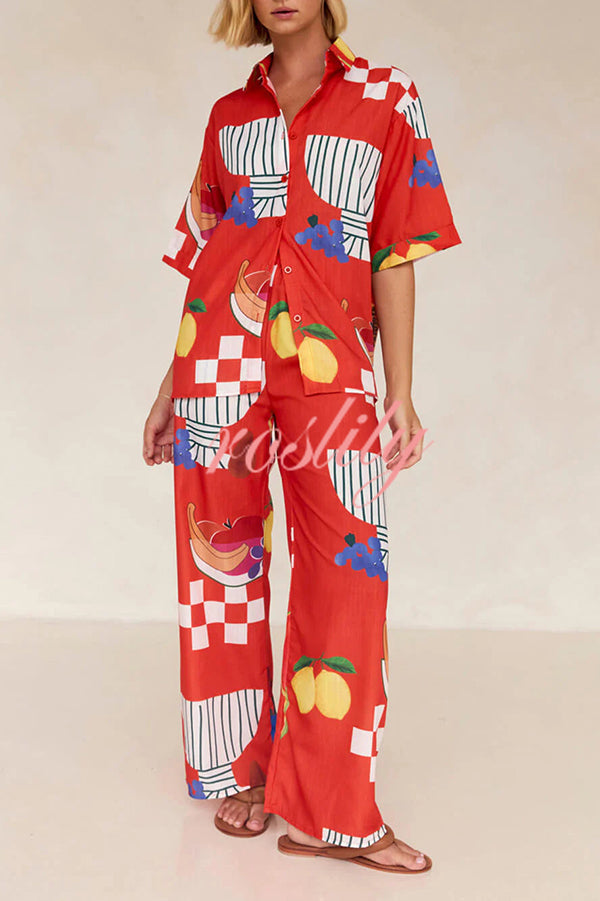 Unique Printed Casual Shirt and Elastic Waist Pants Set