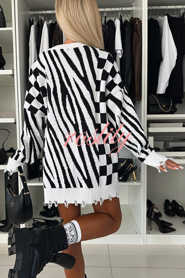 Fashionable Knit Zebra Geometric Pattern Frayed Hem Loose Sweater