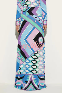 Uniquely Printed Casual Long-sleeve Shirt and Hip-covering Maxi Skirt Set