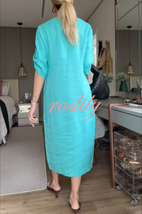 Ultra-comfortable Linen Blend Half Sleeve Front Button Detail Relaxed Pocket Midi Dress