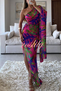 Colorful Printed One-sleeve Slim-fitting Slit Maxi Dress