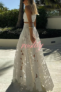 Next Trip Floral Embroidery Crochet Lace Crop Tank Top and Elastic Waist Pocket Maxi Skirt Set